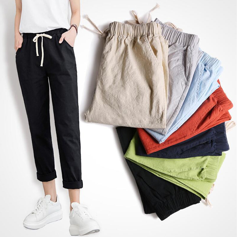 Pantaloni decupati pentru femei, model casual, pantaloni din amestec de bumbac ?i in cu talie elastica, pantaloni subtiri potriviti pentru timpul liber