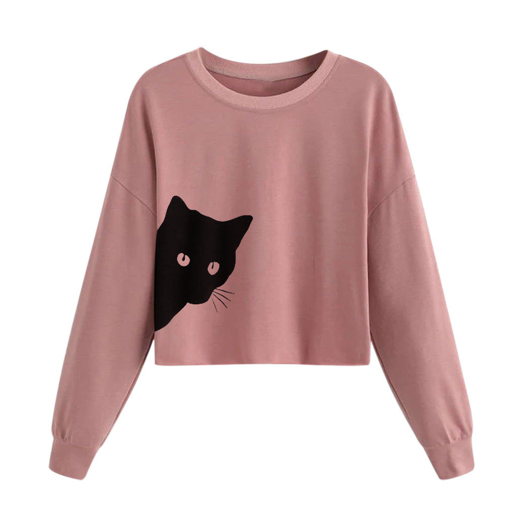 Bluza casual pentru femei, cu imprimeu nostim de pisica, model larg