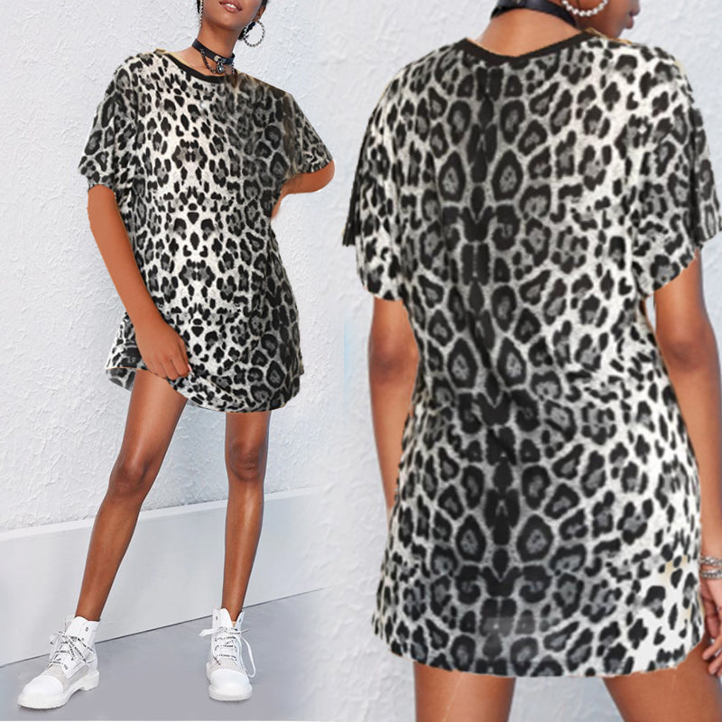 Rochie casual ?i sexy pentru femei, model nou la moda, cu decolteu rotund, rochie larga cu maneci scurte ?i imprimeu model leopard, potrivita pentru sezonul de vara