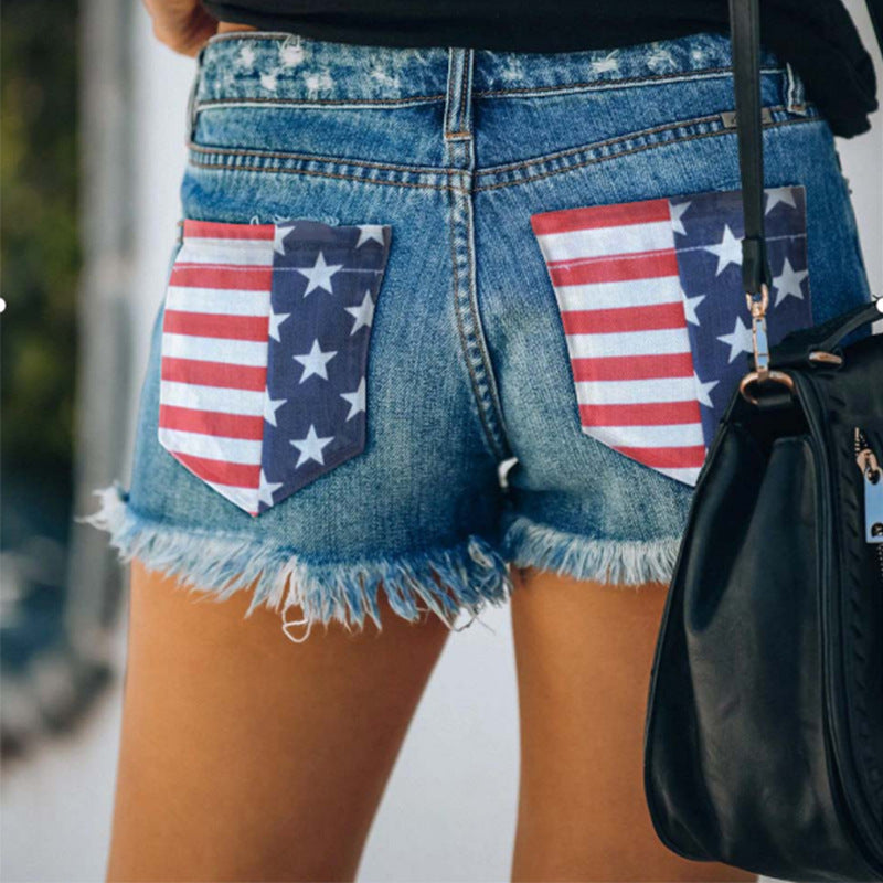 

Pantaloni scurți din denim American Independență Ziua Drapelelor cu imprimeu rupte cu franj brut