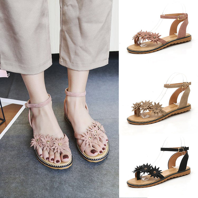 Sandale de vara pentru femei, in stil boem, cu flori ?i talpa joasa, decupate la varf, sandale comode