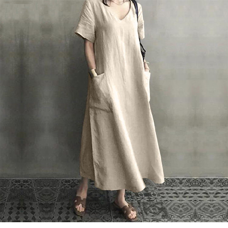 Rochie vintage de vara pentru femei, casual ?i confortabila, model larg culoare uni, din bumbac, cu maneca scurta