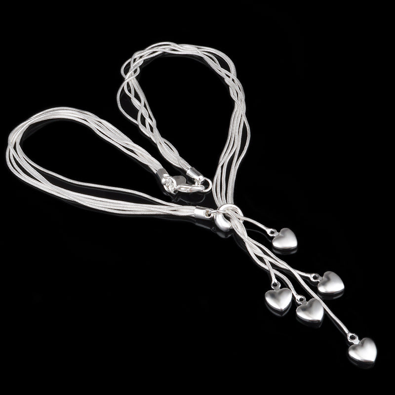 Colier cu pandantiv cu cinci inimioare, placat cu argint, coliere in forma de lant, ideale de oferit cadou femeilor