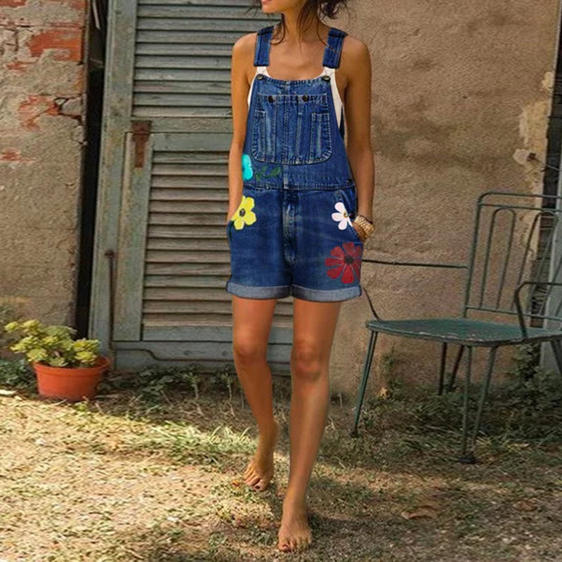 Salopeta scurta din denim pentru femei, cu imprimeu floral