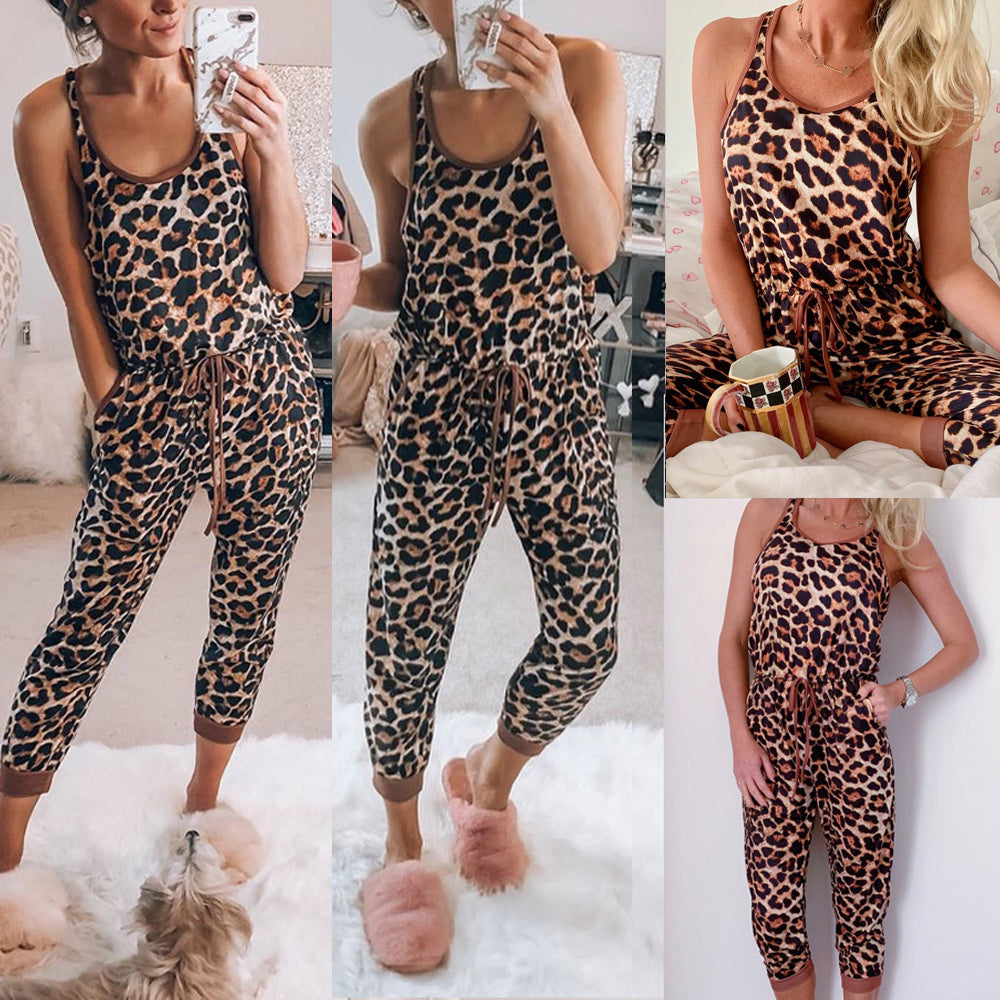 Salopeta cu imprimeu leopard pentru femei, fara maneci, cu elastic in talie