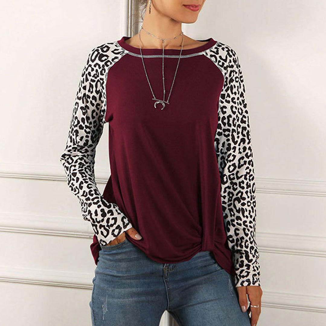 Tricou de toamna pentru femei, model nou cu imprimeu leopard ?i aplicatii