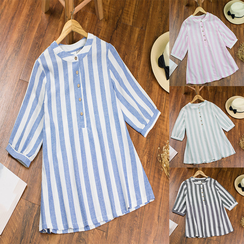 Bluza camasa pentru femei, cu imprimeu cu dungi, din bumbac si in, cu nasturi in stil vintage