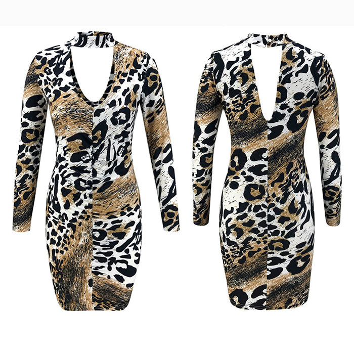 Rochie sexy si slim pentru femei, cu imprimeu model leopard, rochie cu maneci lungi si decolteu in V, potrivita pentru timpul liber