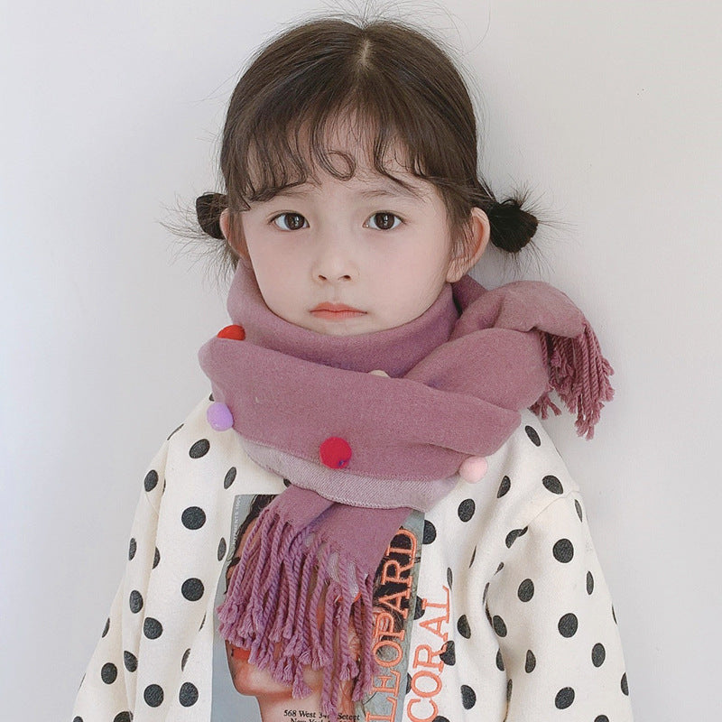 Fular simpatic pentru copii, model calduros si delicat pentru iarna, pe mai multe culori, decorat cu bilute pufoase
