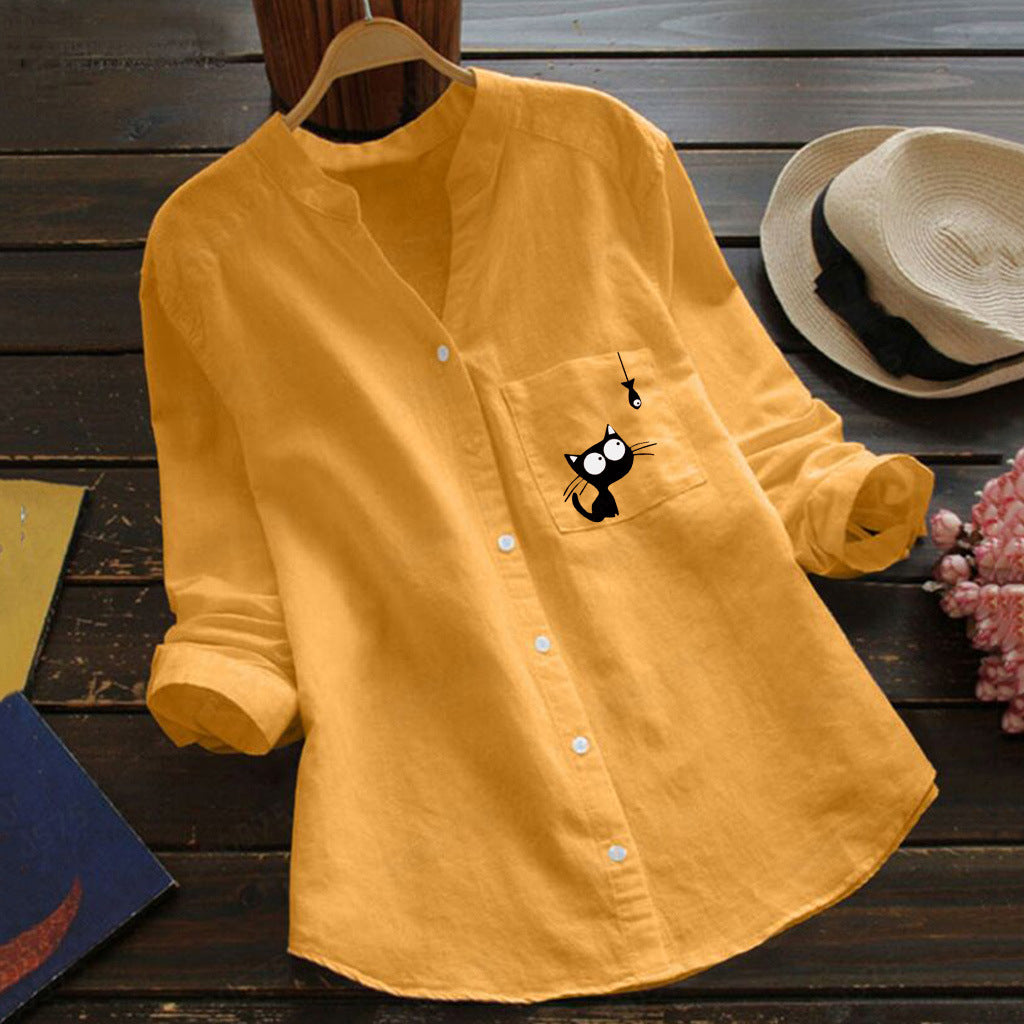 Bluza de toamna pentru femei, din amestec de bumbac, cu imprimeu de pisica si maneca lunga