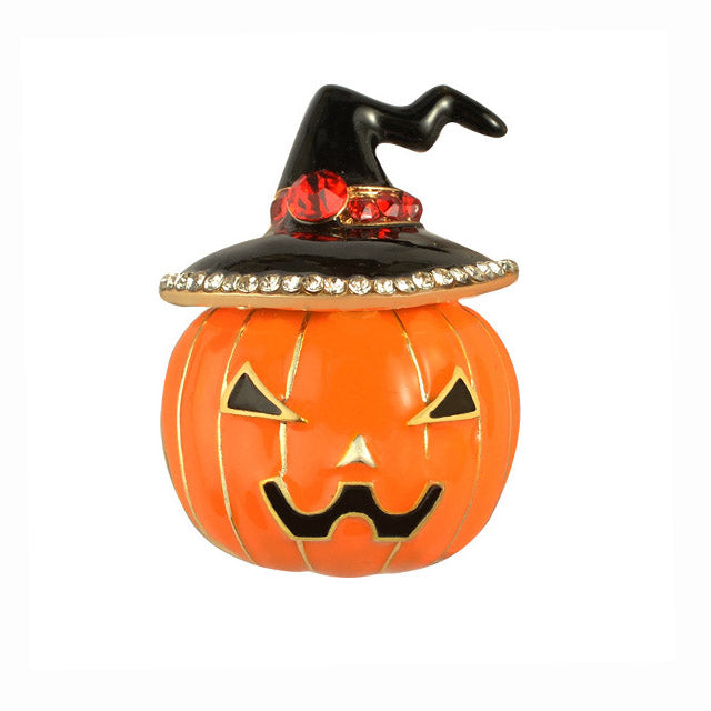 Brosa din aliaj in forma de dovleac cu palarie cu strasuri, accesorii pentru Halloween