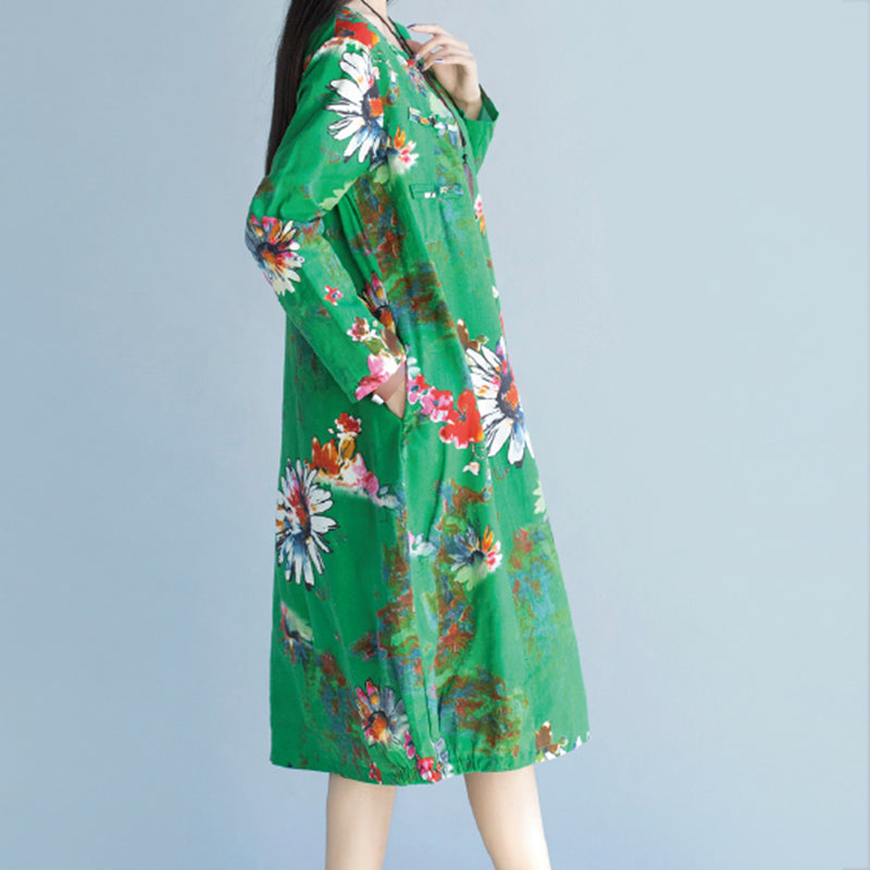 Rochie pentru femei, cu imprimeu in stil ethnic, cu nasturi si catarama de lungime medie