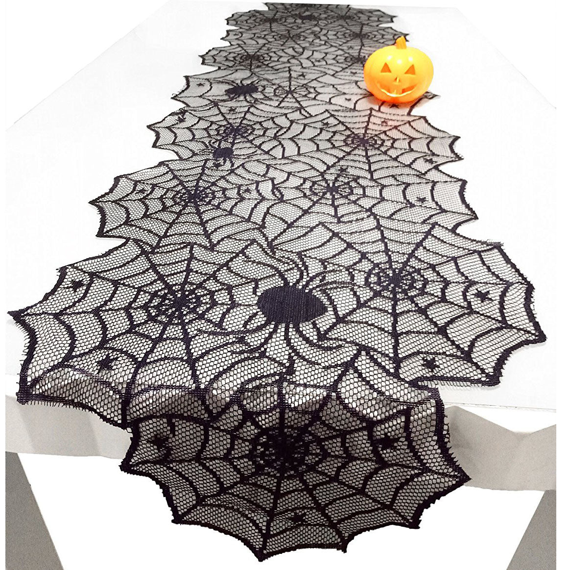 Fata de masa pentru Halloween cu model panze de paianjen, neagra
