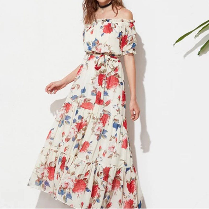 Rochie maxi din sifon, cu imprimeu de trandafiri, si decolteu lasat pe umeri