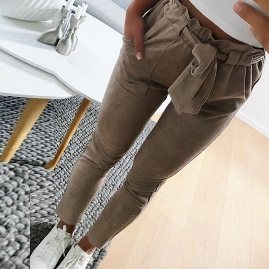 Pantaloni culoare uni pentru femei, model larg ?i casual cu elastic in talie