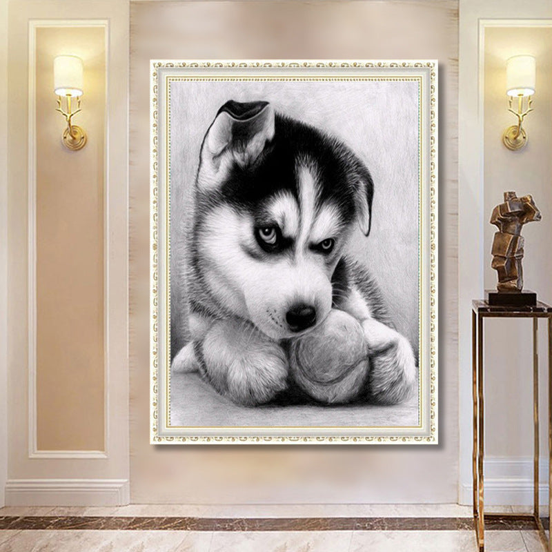 Pictura ornament mozaic pentru lucrat manual acasa, broderie cu ?trasuri, model cu caine mic husky