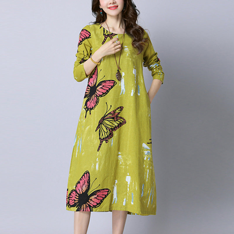 Rochie cu model vintage, pentru femei, cu maneca lunga si imprimeu fluture