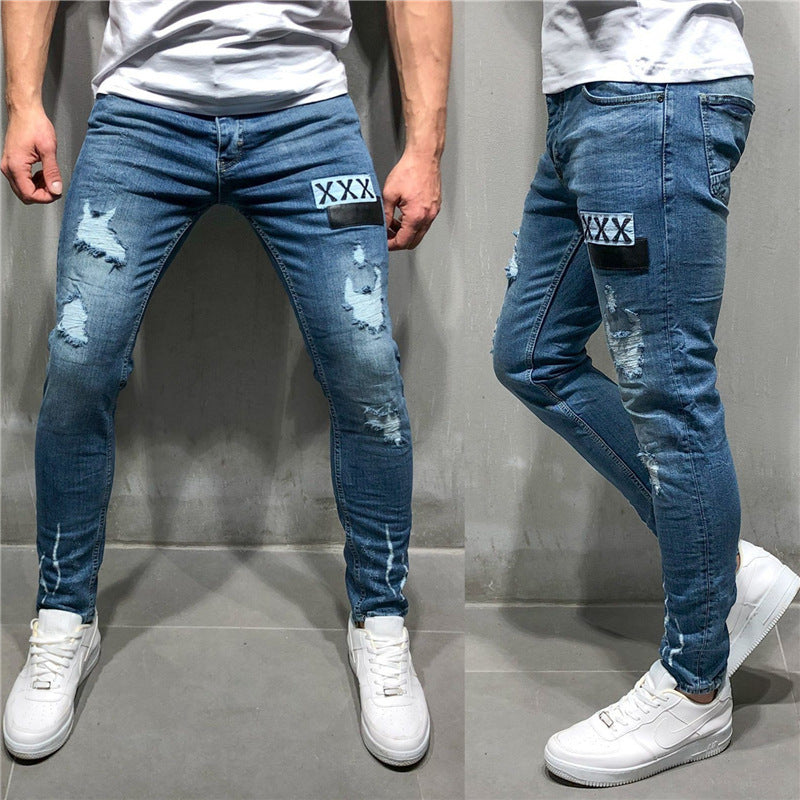 Pantaloni elastici din denim pentru barbati, model la moda, pantaloni lungi potriviti pentru strada, cu model aplicat ?i creativ la nivelul genunchilor