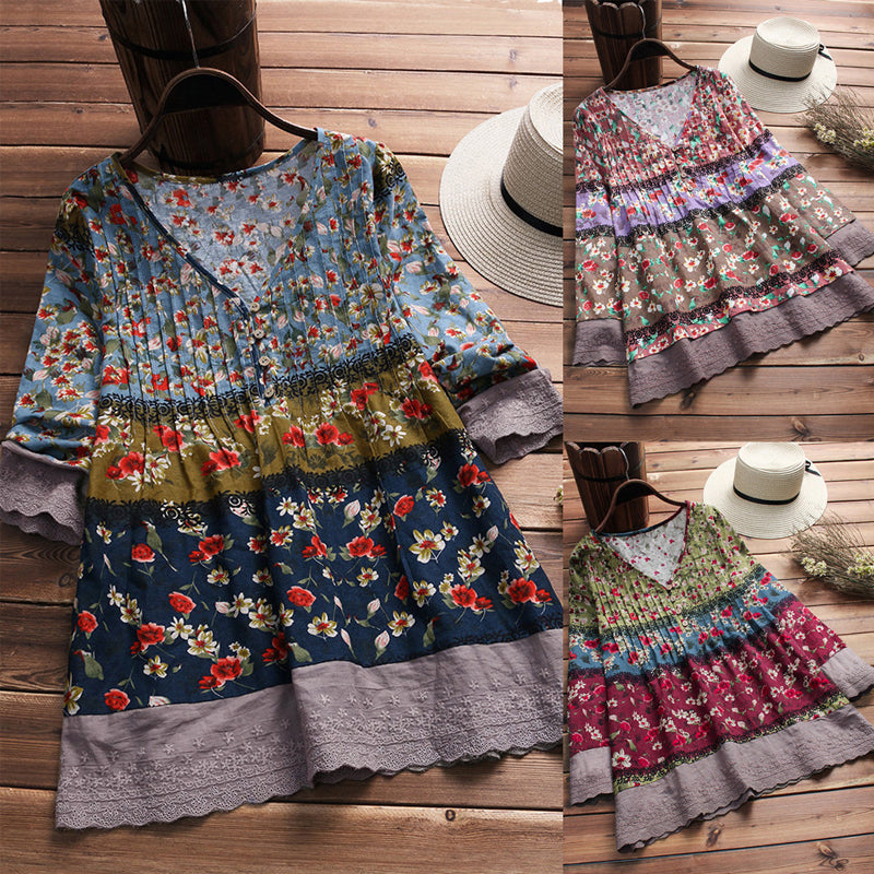 Bluza Vintage cu Imprimare Florala, pentru Femei, cu Decolteu-V, Nasturi, Maneci Lungi