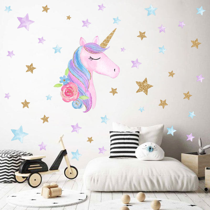 Decoratiune interioara pentru dormitor sau sufragerie, sticker pentru perete in forma de unicorn, 2 bucati cu dimensiunile 40*60 cm