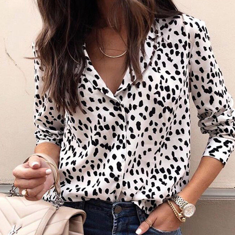 Bluza pentru femei, cu imprimeu model leopard, bluza cu maneci lungi ?i nasturi