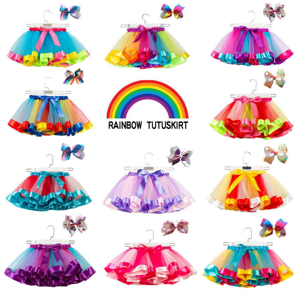Fusta mini pentru fetite in culorile curcubeului, de vara, potrivita pentru dansuri si serbari