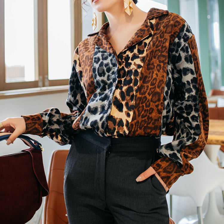 Bluza cu decolteu in V pentru femei, cu imprimeu leopard, cu material reiat