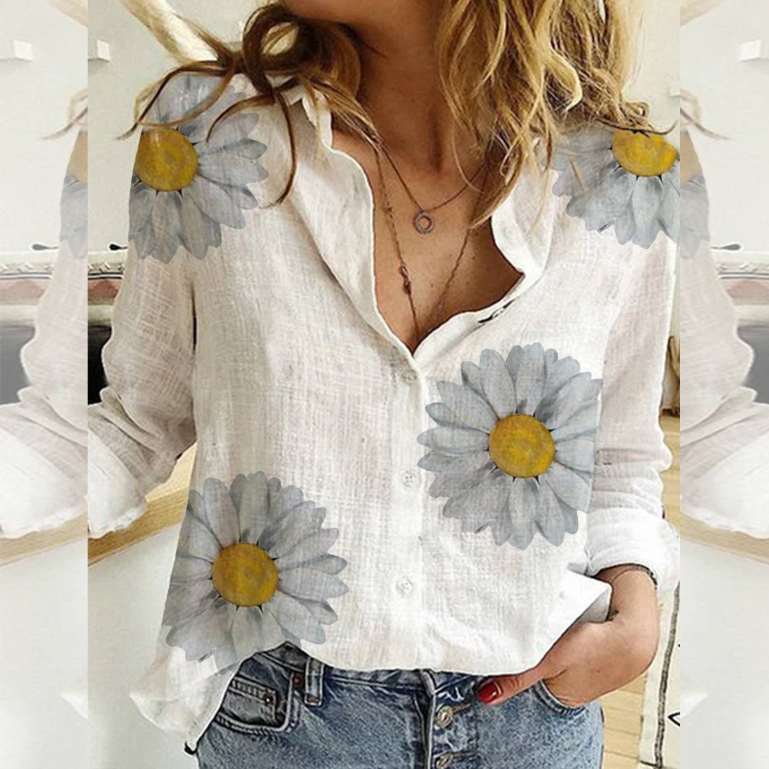 Bluza casual vintage pentru femei, cu imprimeu de floarea soarelui ?i maneca lunga, bluza subtire