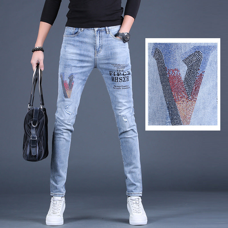 

Bărbați cu imprimeu casual pentru bărbați, jeans elastici cu stras subțire