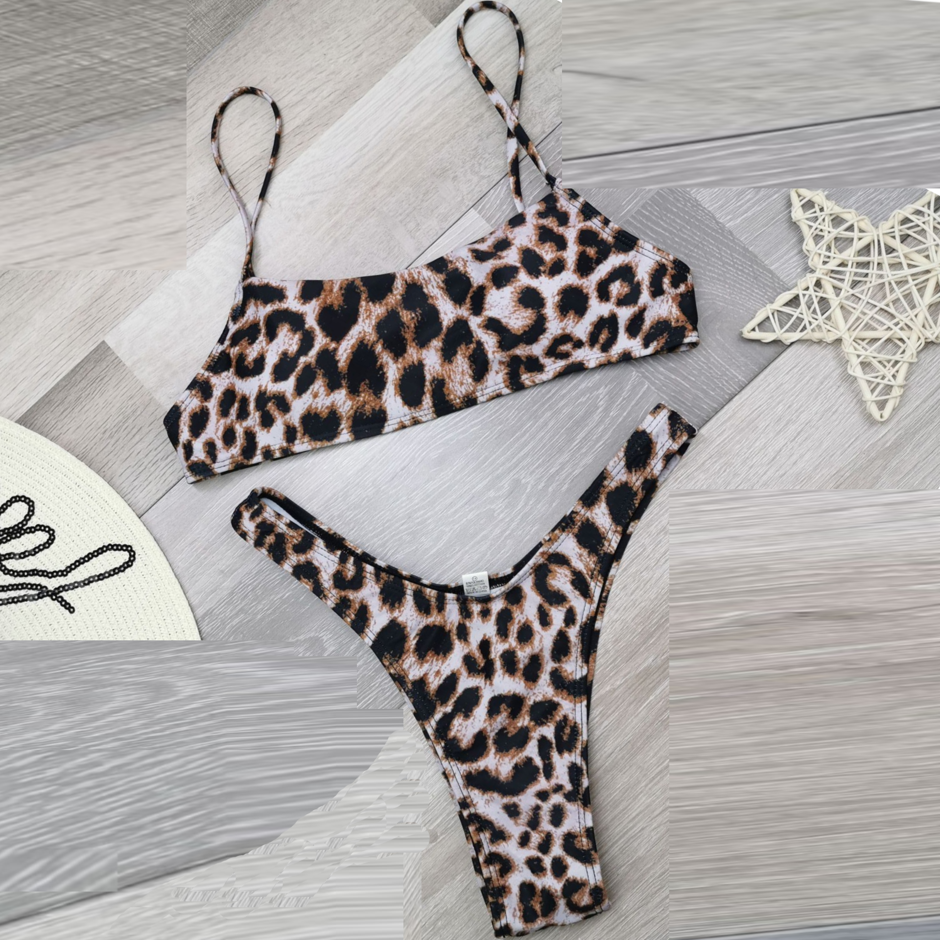 Costum de baie din doua piese pentru femei, culoare uni, cu imprimeu leopard