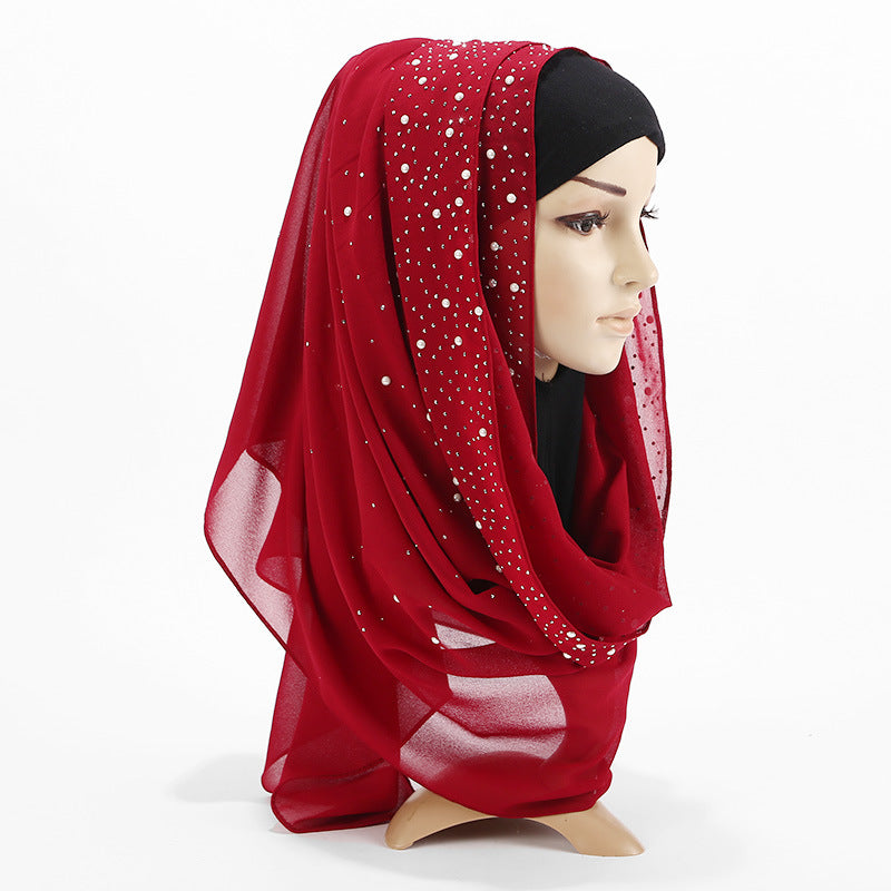 E?arfa model nou pentru femei, hijab cu perlute din material delicat, ?al lung in stil musulman, e?arfa stralucitoare