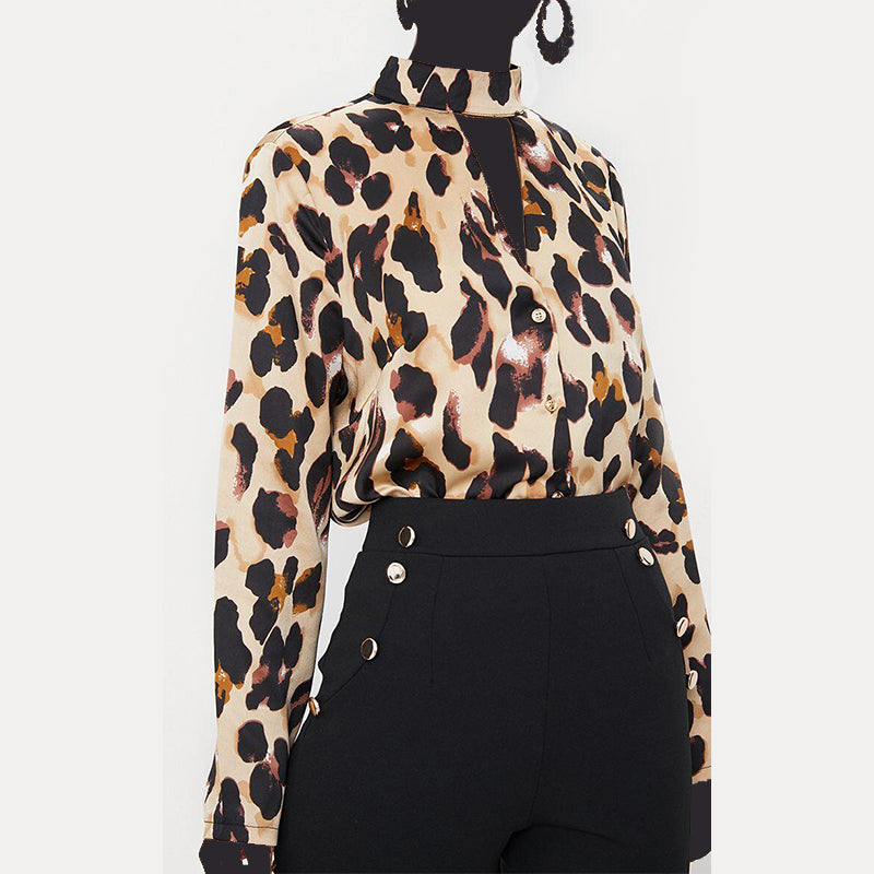 Bluza model nou si sexy pentru femei, pentru vara si toamna, cu decolteu in V si maneca lunga, model modern cu imprimeu leopard