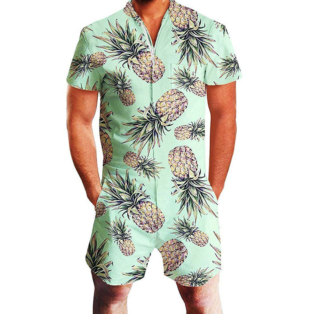 Salopeta moderna pentru barbati, o singura piesa, cu imprimeu tropical si maneca scurta, cu fermoar comod, potrivita pentru plaja