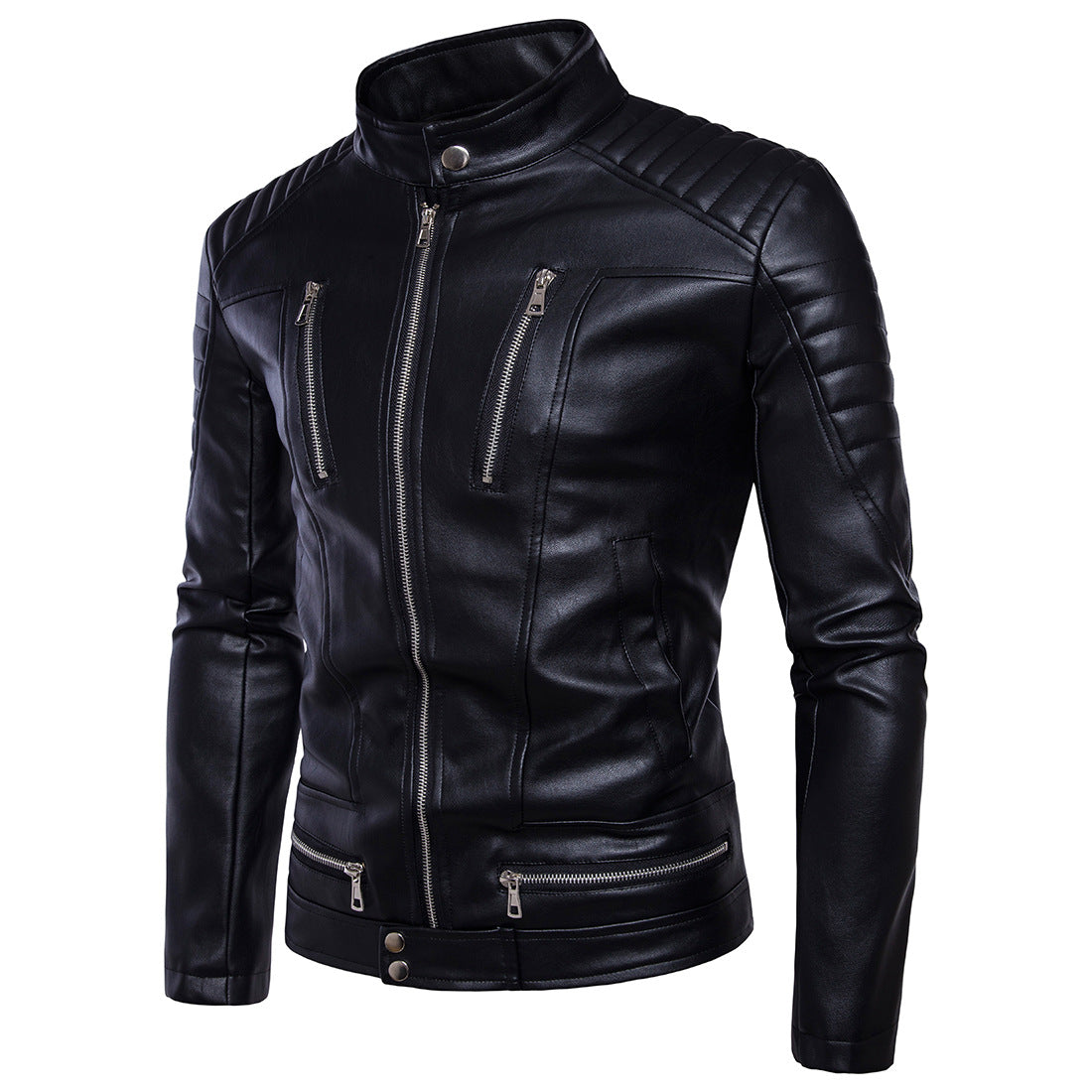 Jacheta de motociclist pentru barbati, din piele ecologica, model la moda si stil creativ, jacheta cu guler drept, potrivit pentru sezonul de iarna.