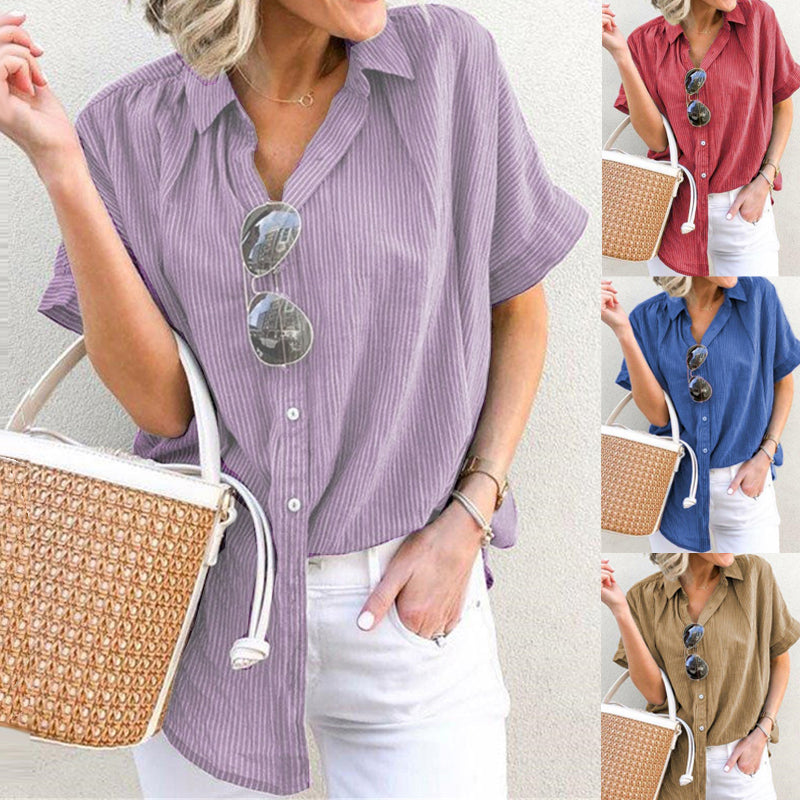 Bluza / camasa larga pentru femei, cu imprimeu cu dungi si maneci scurte, potrivita pentru timpul liber