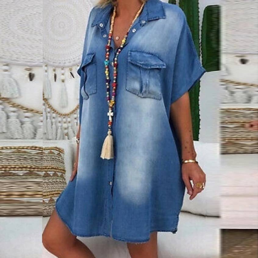 

Femei Fashion Denim Leisure Maneca scurta Rochie de buzunar