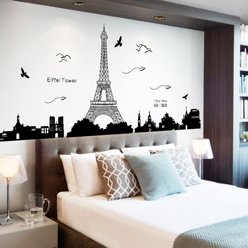Sticker de perete cu un peisaj romantic cu Turnul Eiffel din Paris, simplu, cu negru, arta decorativa de perete din gama DIY, Do It Yourself, Fa tu singur