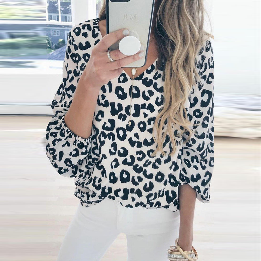 Bluza casual pentru femei, cu imprimeu model leopard, bluza cu decolteu in V ?i maneci largi