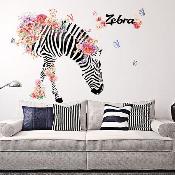 Sticker de perete din gama DIY, Do It Yourself, Fa tu singur, cu imprimeu cu o zebra si flori, model 3D, decoratiune ambientala autocolanta detasabila, ce poate fi scoasa sau inlocuita