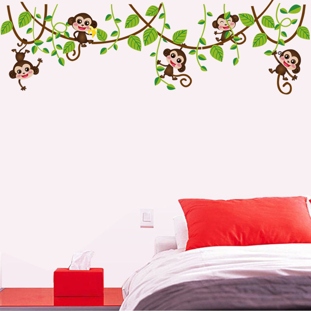 Decoratiune interioara pentru dormitor sau sufragerie, sticker pentru perete in forma de maimute simpatice, cu dimensiunile 50*70 cm