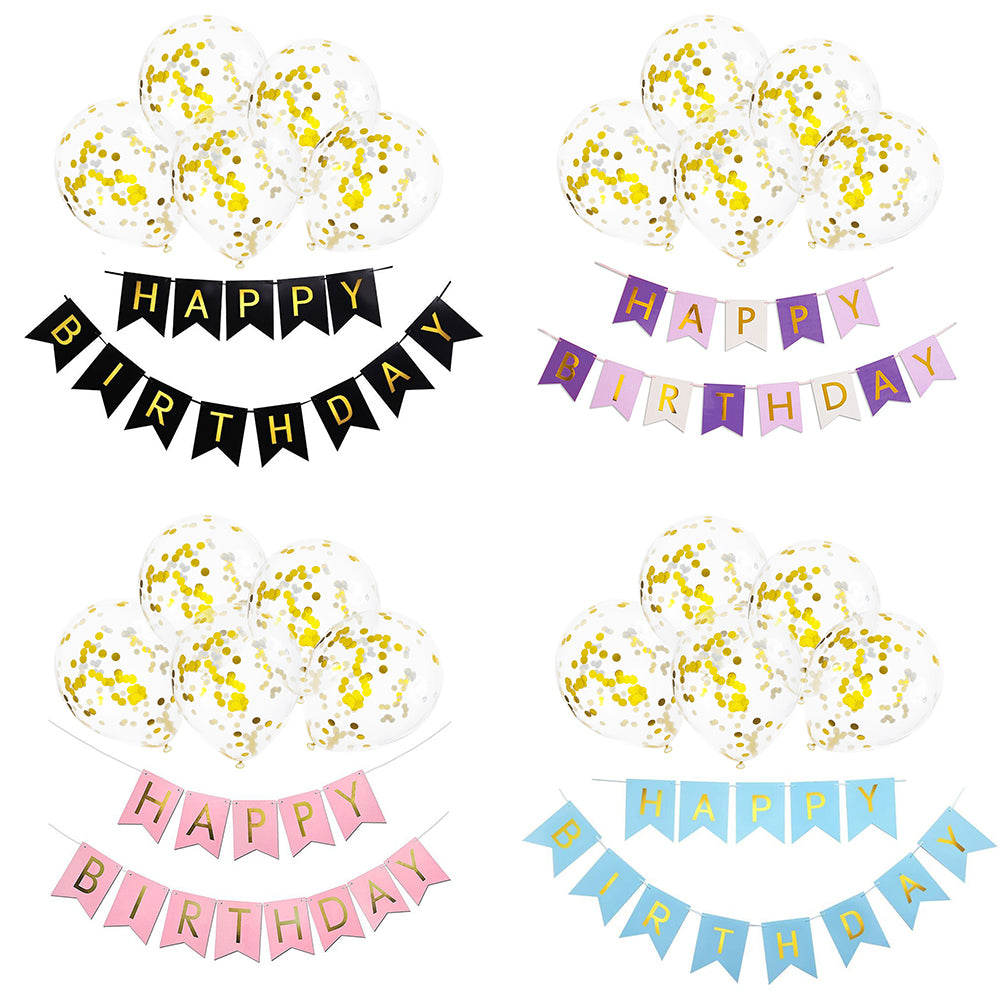 Balon Confetti, 12 Inci, cu Banner Happy Birthday, Decoratiune Balon care ia Forma Floare Steag