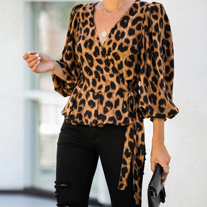 Bluza pentru femei, model la moda, cu imprimeu model leopard, bluza cu decolteu in V potrivita pentru timpul liber