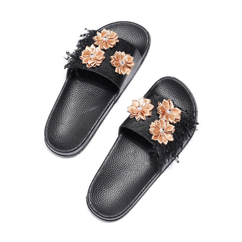 Papuci casual pentru femei, cu franjuri si flori, din material pvc anti alunecare, cu talpa joasa