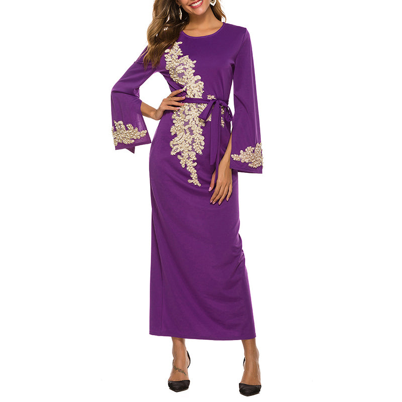Rochie lunga cu modele din dantela pentru femei, cu broderie in stil arab si musulman, rochie eleganta potrivita pentru timpul liber