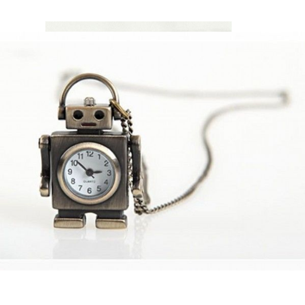 Ceas de buzunar cu lanti?or, model vintage, mecanism cuart, decoratiune cu robot