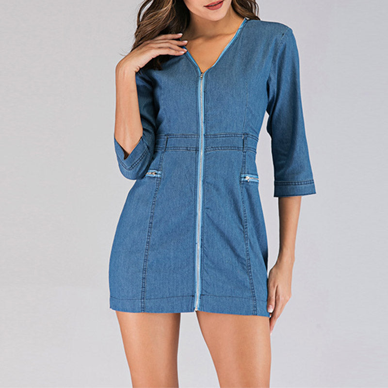 Cama?a sexy stil fusta pentru femei, cu maneci lungime medie, cu fermoar, fusta din denim cu talie mica, potrivit pentru sezonul de toamna