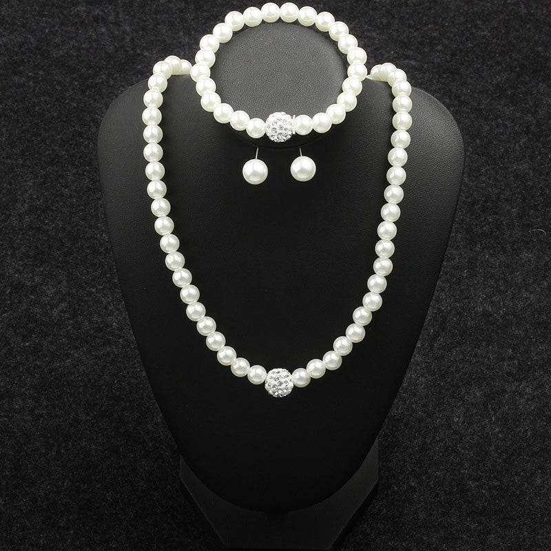 Set de bijuterii din 3 piese pentru femei, cu imitatie de perla alba, colier, cercei si bratara, set de bijuterii din gama nuptiala, pentru mireasa, nunta, de oferit cadou