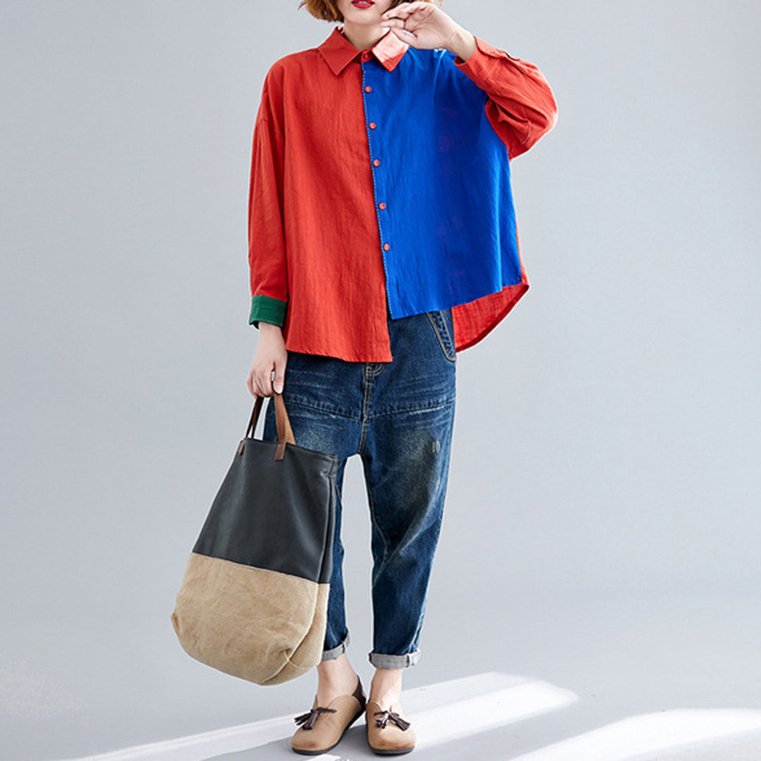 Bluza de toamna pentru femei, din amestec de bumbac si in, model vintage in culori contrastante, cu maneca lunga