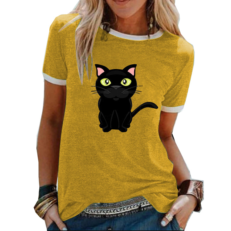 

Tricou cu imprimeu de pisică pentru femei, în culori contrastante, cu decolteu rotund și mânecă scurtă, pentru timpul liber
