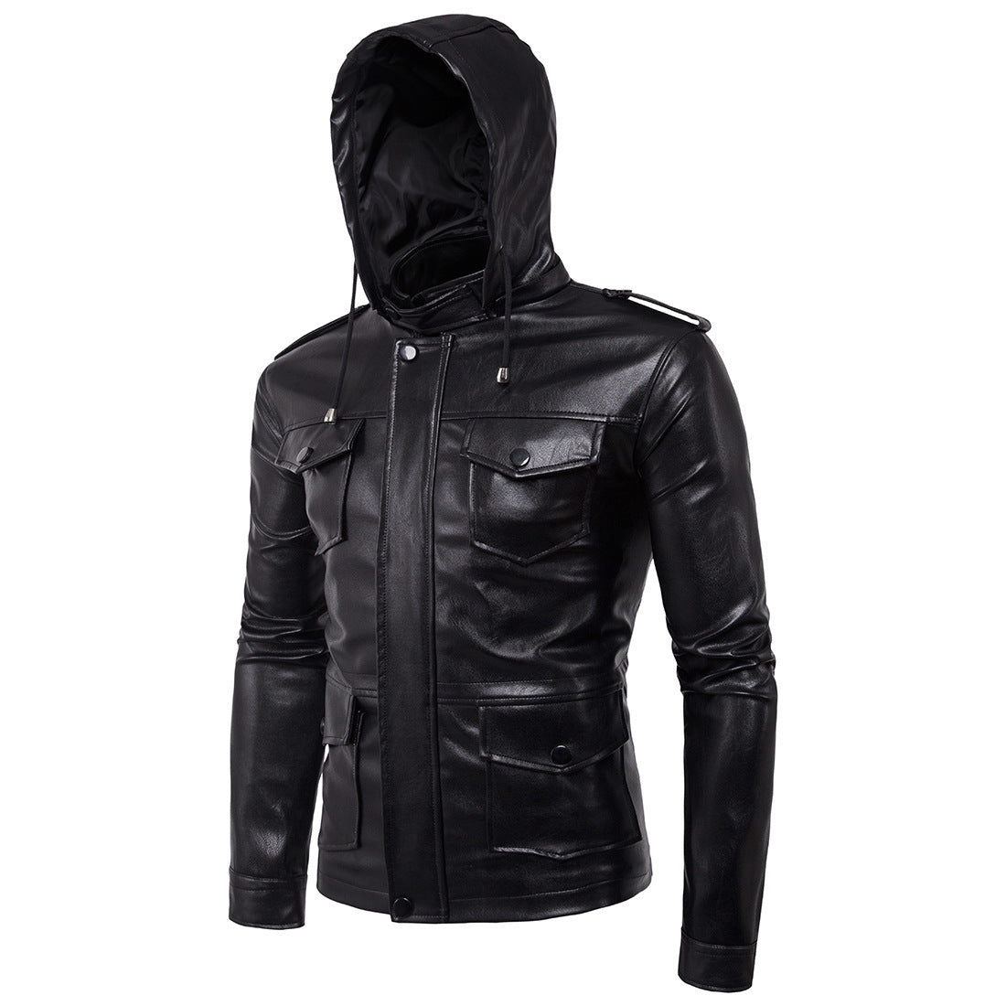 Jacheta de motociclist pentru barbati, din piele ecologica, jacheta cu gluga detasabila, model creativ, haina potrivita pentru sezonul de iarna
